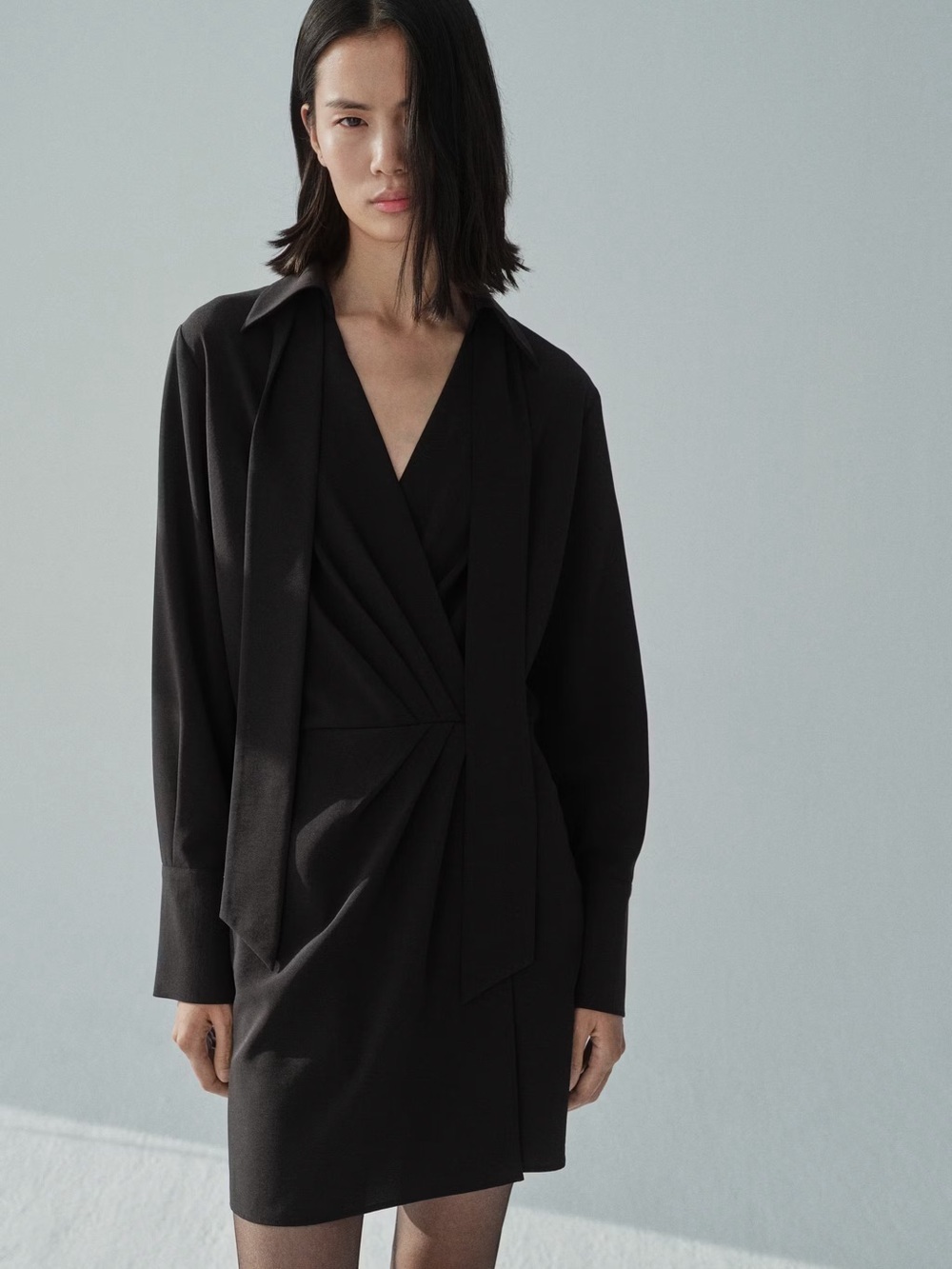 Mango Black wrap dress with shirt collar NWT